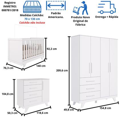 Imagem de Quarto Bebê Retrô Completo com Guarda Roupa 4 Portas Berço Mini Cama Cômoda 4 Gavetas MDF Faura