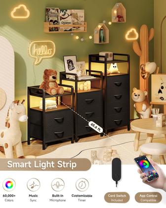 Imagem de Quarto com carregador de cabeceira Lazzanto Night Stand  mesa de cabeceira com estação de carregamento e faixa de luz LED, mesa de cabeceira com prateleira de armazenamento e 2 gavetas de tecido, mesa final Morden com portas U-S-B e tomadas AC