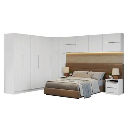 Imagem de Quarto Completo Casal De Canto 610 Cm Com Mesa De Cabeceira Branco Neo Madesa