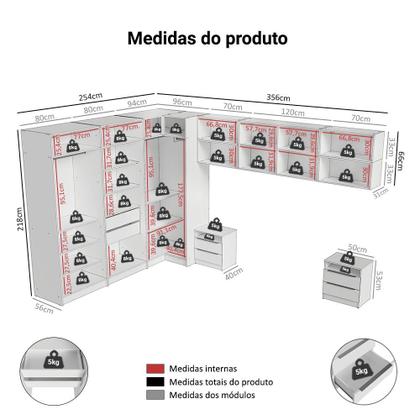 Imagem de Quarto Completo Casal de Canto 610 cm com Mesa de Cabeceira Branco Neo Madesa