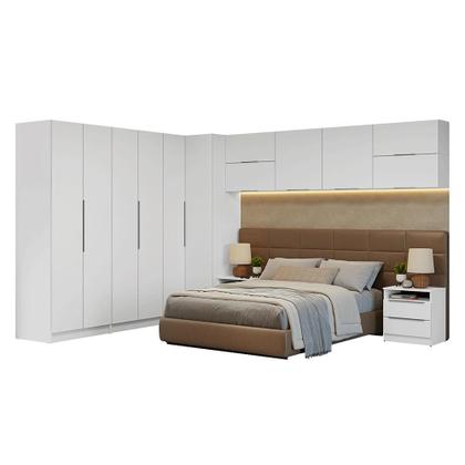 Imagem de Quarto Completo Casal de Canto 610 cm com Mesa de Cabeceira Branco Neo Madesa