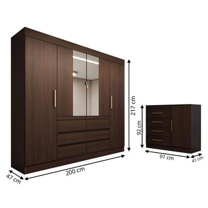 Imagem de Quarto Completo Casal Honey 5 Portas 10 Gavetas com Espelho ébano - Panorama Móveis