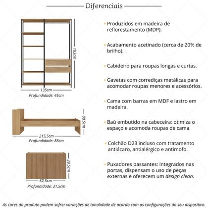 Imagem de Quarto Completo com Cama Solteiro com Colchão Incluso e Baú Embutido Multimóveis MP4343