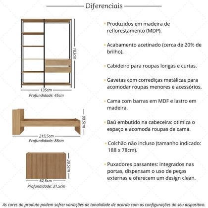 Imagem de Quarto Completo com Cama Solteiro para Colchão 188x78cm com Baú Embutido Multimóveis MP4342