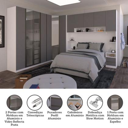 Imagem de Quarto Completo de Canto Casal com 8 Módulos Espelho e Vidro Reflecta Prime Plus Luciane Móveis