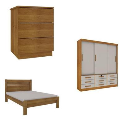 Imagem de Quarto Completo Guarda Roupa 3 Portas Cama Casal e Mesa de Cabeceira Chicago Cinamomo/Off White
