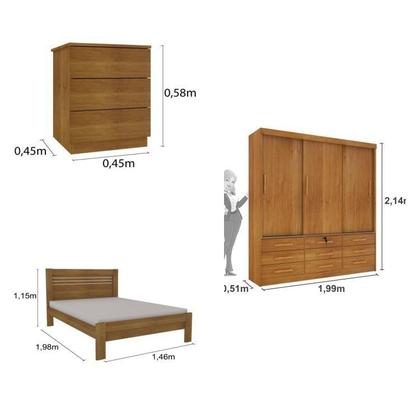 Imagem de Quarto Completo Guarda Roupa 3 Portas Cama Casal e Mesa de Cabeceira Chicago