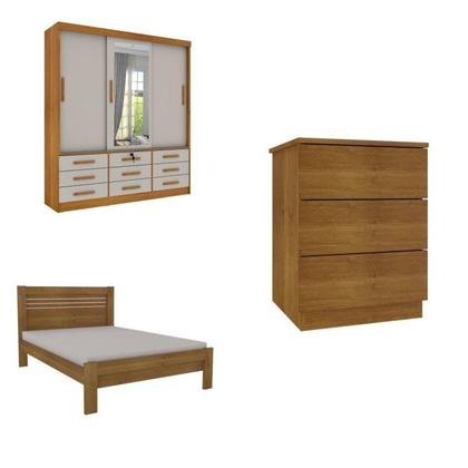 Imagem de Quarto Completo Guarda Roupa 3 Portas Cama Casal e Mesa de Cabeceira Chicago