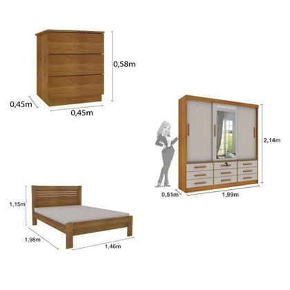Imagem de Quarto Completo Guarda Roupa 3 Portas Cama Casal e Mesa de Cabeceira Chicago