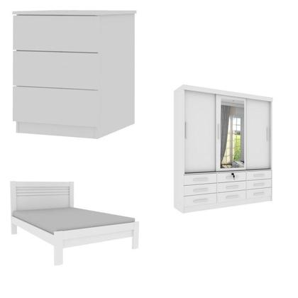 Imagem de Quarto Completo Roupeiro 3 Portas, Cama Casal e Mesa de Cabeceira 3 Gavetas Chicago Tcil Móveis