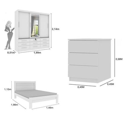 Imagem de Quarto Completo Roupeiro 3 Portas, Cama Casal e Mesa de Cabeceira 3 Gavetas Chicago Tcil Móveis