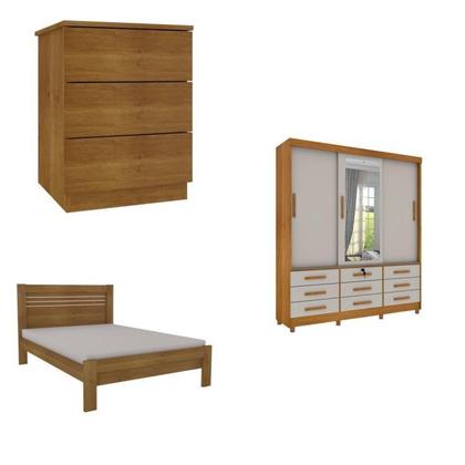 Imagem de Quarto Completo Roupeiro 3 Portas, Cama Casal e Mesa de Cabeceira Chicago