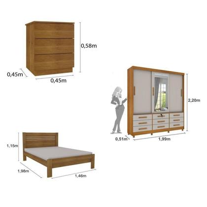 Imagem de Quarto Completo Roupeiro 3 Portas, Cama Casal e Mesa de Cabeceira Chicago