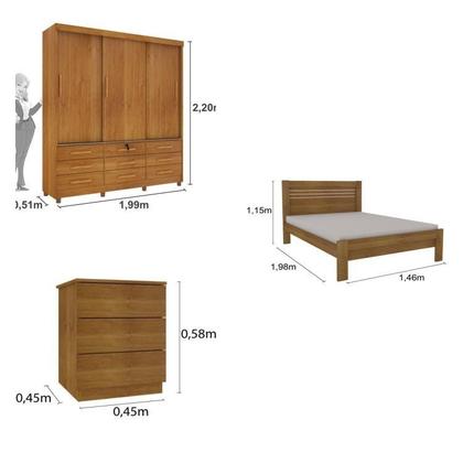 Imagem de Quarto Completo Roupeiro 3 Portas, Cama Casal e Mesa de Cabeceira Chicago