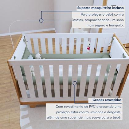 Imagem de Quarto de Bebê 100% MDF Berço Minicama com Colchão, Cômoda e Guarda Roupa 3 Portas Life Branco/Ypê