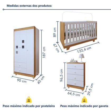 Imagem de Quarto de Bebê 100% MDF Berço Minicama com Colchão, Cômoda e Guarda Roupa 3 Portas Life Branco/Ypê