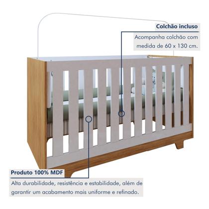 Imagem de Quarto de Bebê 100% MDF Berço Minicama com Colchão, Cômoda e Guarda Roupa 3 Portas Life Branco/Ypê