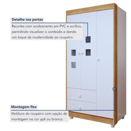 Imagem de Quarto de Bebê 100% MDF Berço Minicama com Colchão, Cômoda e Guarda Roupa 3 Portas Life Branco/Ypê
