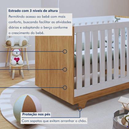 Imagem de Quarto de Bebê 100% MDF Berço Minicama com Colchão, Cômoda e Guarda Roupa 3 Portas Life Branco/Ypê