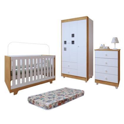 Imagem de Quarto de Bebê 100% MDF Berço Minicama com Colchão, Cômoda e Guarda Roupa 3 Portas Life Branco/Ypê