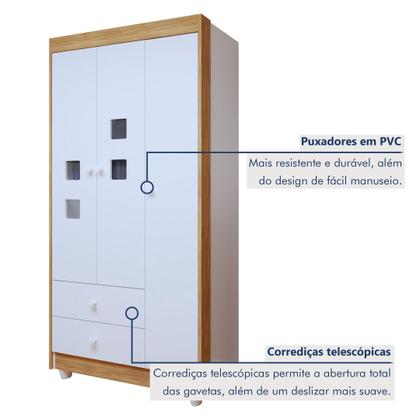 Imagem de Quarto de Bebê 100% MDF Berço Minicama com Colchão, Cômoda e Guarda Roupa 3 Portas Life Branco/Ypê
