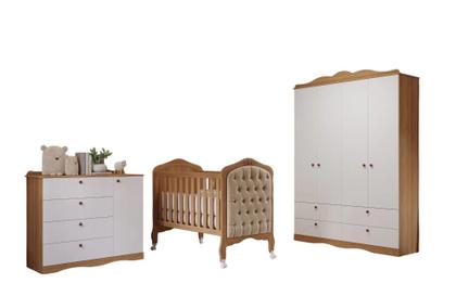 Imagem de Quarto de Bebê 3 Peças com Berço Capitonê Cômoda 4 Gavetas e Guarda Roupa 4 Portas 4 Gavetas Aquarela Espresso Móveis Nature/Branco