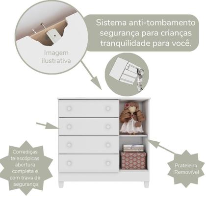 Imagem de Quarto de Bebê Berço 3 em 1 Gabrielle Guarda Roupa 4 Portas Cômoda com Porta Fraldario Infantil Branco Carolina Baby