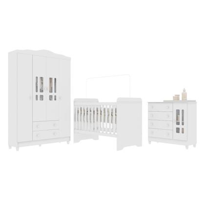 Imagem de Quarto de Bebê Berço 3 em 1 Gabrielle Guarda Roupa 4 Portas Cômoda com Porta Fraldario Infantil Branco Carolina Baby