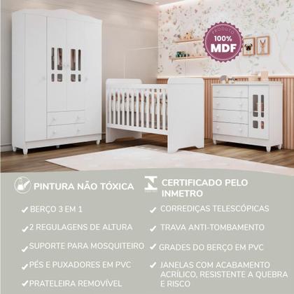 Imagem de Quarto de Bebê Berço 3 em 1 Gabrielle Guarda Roupa 4 Portas Cômoda com Porta Fraldario Infantil Branco Carolina Baby