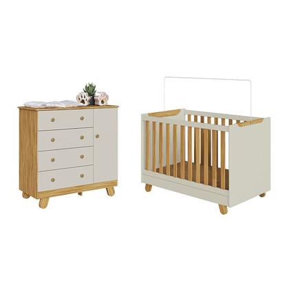 Imagem de Quarto de Bebê Berço 4 em 1 e Cômoda 4 Gavetas 1 Porta 100% MDF Levy Yescasa Bege/Amêndoa/Off White