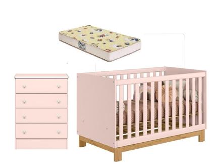 Imagem de Quarto De Bebê Berço Colchão E Cômoda Slim Padrão Americano Rosa Acetinado