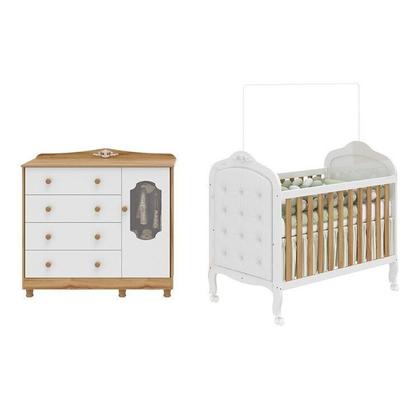 Imagem de Quarto de Bebê Berço com Capitonê e Cômoda 4 Gavetas 100% MDF Maya Provençal Yescasa Branco/Brilho/Amêndoa