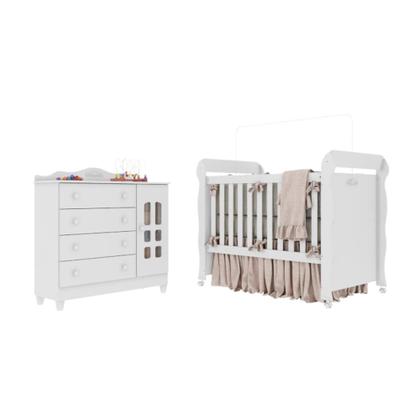 Imagem de Quarto de Bebê Berço Mini Cama Provençal Lisa Cômoda com Porta Fraldario Infantil Branco Carolina Baby