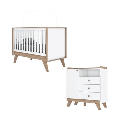 Imagem de Quarto de Bebê com Berço 3 em 1 e Cômoda 3 Gavetas 1 Porta Retrô Theo Espresso Móveis Branco/Jequitibá HP