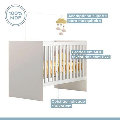 Imagem de Quarto de Bebê com Berço com Suporte Mosquiteiro Life e Cômoda 100% Mdf 1 Porta 3 Prateleiras Flocos