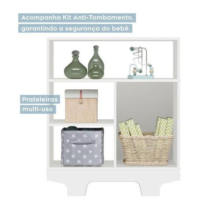 Imagem de Quarto de Bebê com Berço com Suporte Mosquiteiro Life e Cômoda 100% Mdf 1 Porta 3 Prateleiras Flocos