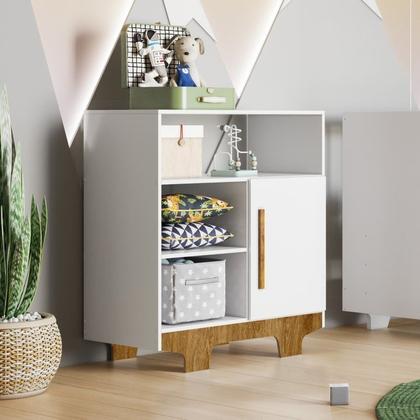 Imagem de Quarto de Bebê com Berço Mini Cama 100% Mdf Slim e Cômoda 100% Mdf 1 Porta 3 Prateleiras Flocos