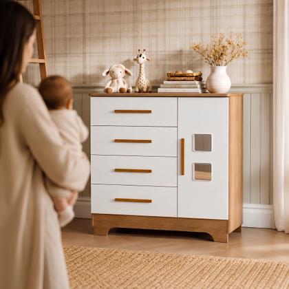 Imagem de Quarto de Bebê com Berço Mini Cama 100% MDF Slim e Cômoda 4 Gavetas 1 Porta Fly 100% MDF Branco/Madeirado Ypê