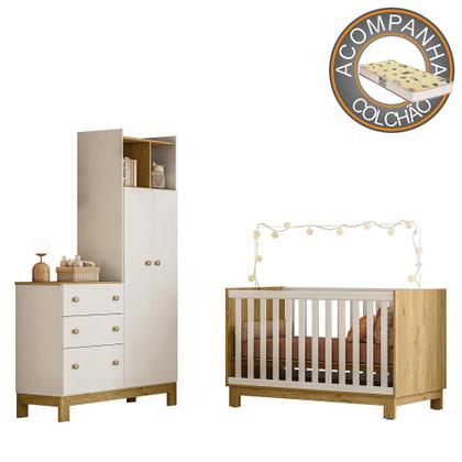 Imagem de Quarto de Bebê com Berço Mini Cama e Roupeiro com Cômoda QEncanto Slim Freijó Branco Acetinado Qmovi e Colchão Gazin