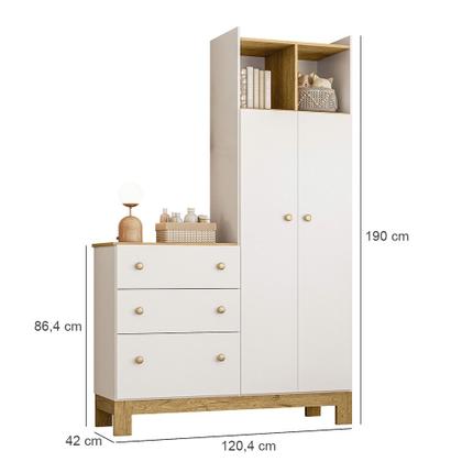 Imagem de Quarto de Bebê com Berço Mini Cama e Roupeiro com Cômoda QEncanto Slim Freijó Branco Acetinado Qmovi e Colchão Gazin