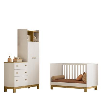 Imagem de Quarto de Bebê com Berço Mini Cama e Roupeiro com Cômoda QEncanto Slim Freijó Branco Acetinado Qmovi
