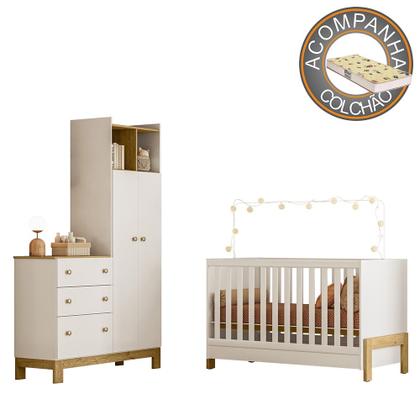 Imagem de Quarto de Bebê com Berço Mini Cama Fantasia e Roupeiro com Cômoda QEncanto Slim Freijó Branco Acetinado Qmovi e Colchão Gazin