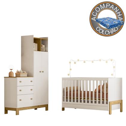 Imagem de Quarto de Bebê com Berço Mini Cama Fantasia e Roupeiro com Cômoda QEncanto Slim Freijó Branco Acetinado Qmovi e Colchão Ortobom