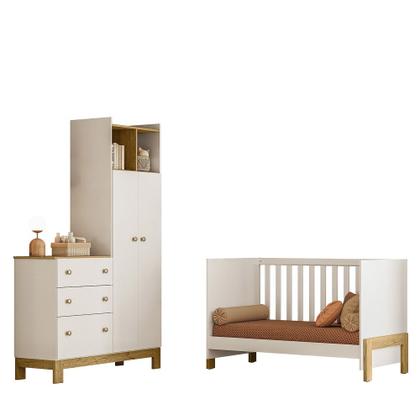 Imagem de Quarto de Bebê com Berço Mini Cama Fantasia e Roupeiro com Cômoda QEncanto Slim Freijó Branco Acetinado Qmovi