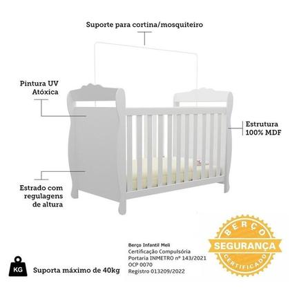 Imagem de Quarto de Bebê com Berço Minicama e Guarda-roupa 3 Portas 100% Mdf Nina Espresso Móveis Branco Brilho