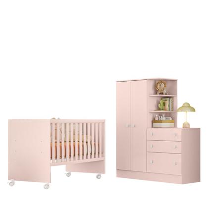 Imagem de Quarto de Bebê com Berço Reto e Roupeiro Doce Sonho Rosa Qmovi  Colchão Gazin