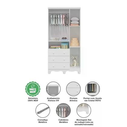 Imagem de Quarto de Bebê com Guarda Roupa 1 Porta com Janela e Berço 100% MDF Uli Móveis Peroba Branco Brilho