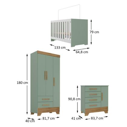 Imagem de Quarto de Bebê com Guarda Roupa 3 Porta 2 Gavetas Cômoda 4 Gavetas 1 Porta e Berço 3 em 1 Catavento Maya Rodial