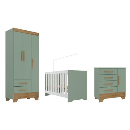 Imagem de Quarto de Bebê com Guarda Roupa 3 Porta 2 Gavetas Cômoda 4 Gavetas 1 Porta e Berço 3 em 1 Catavento Maya Rodial