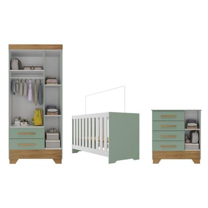 Imagem de Quarto de Bebê com Guarda Roupa 3 Porta 2 Gavetas Cômoda 4 Gavetas 1 Porta e Berço 3 em 1 Catavento Maya Rodial